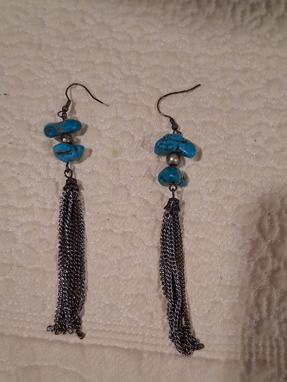 Turquoise Stone Tassel Drop Earrings with Silver Chains